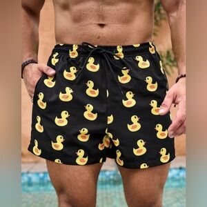 SHEIN Yellow Duck Print Black Swim Trunks